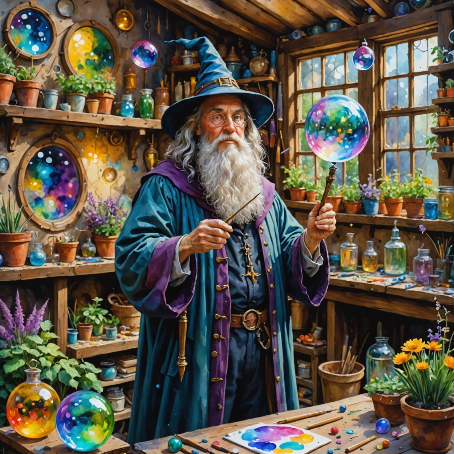Enchanted Wizard in a Vibrant Workshop Scene, in Impressive ...