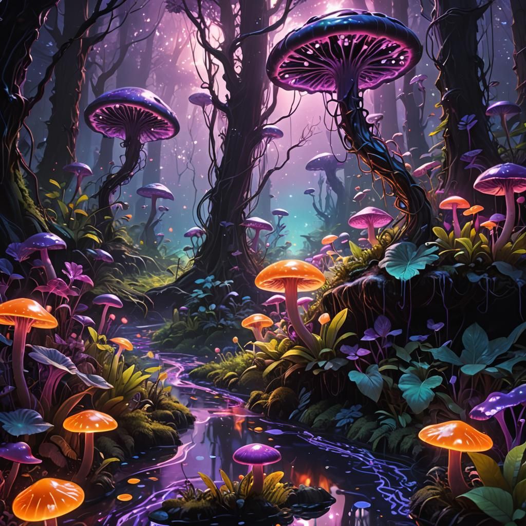 Luminous Alien Flora Forest with Magical Mushrooms