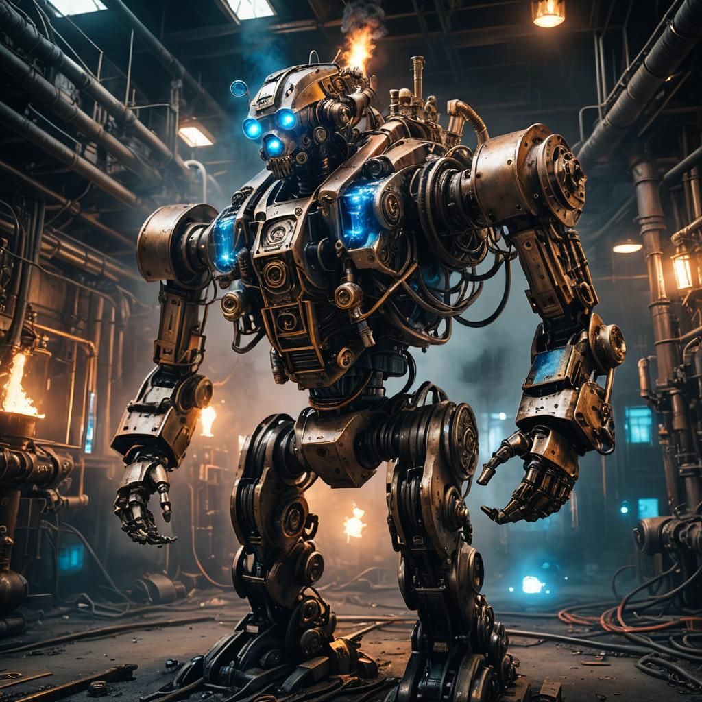 Cyberpunk Battle Robot with Steampunk Engine