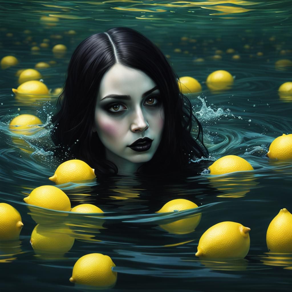 Goth Woman Swimming in Lemonade: Photorealistic Image