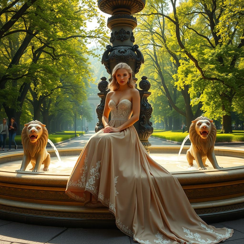 Elegantly Dressed Lady at Baroque Fountain