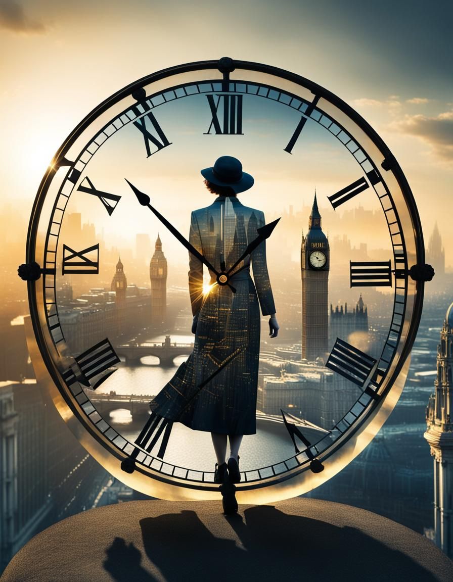 1920s Double Exposure: London, Woman, Clock, Sunset