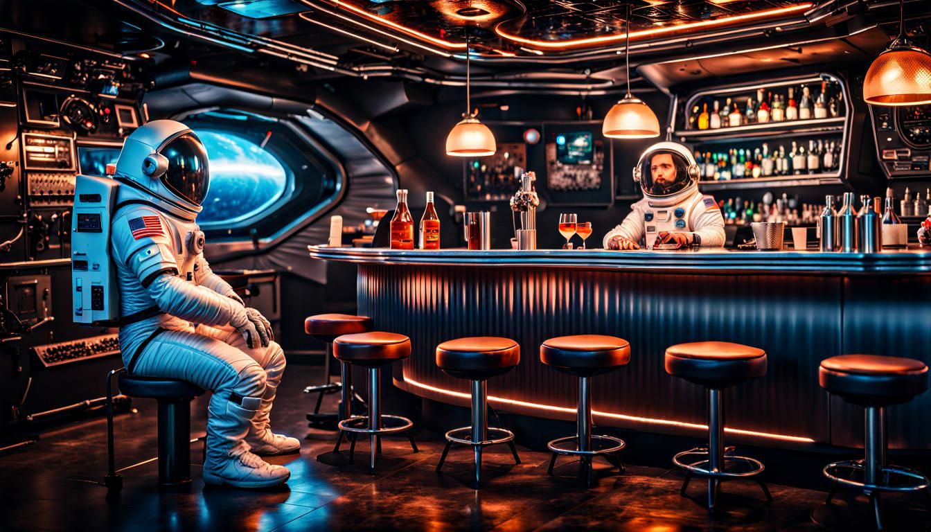 Astronaut and Feline Aliens in Spacecraft Bar
