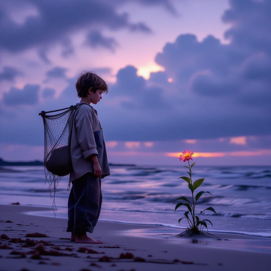 Boy on Desolate Shore with Stormy Sky