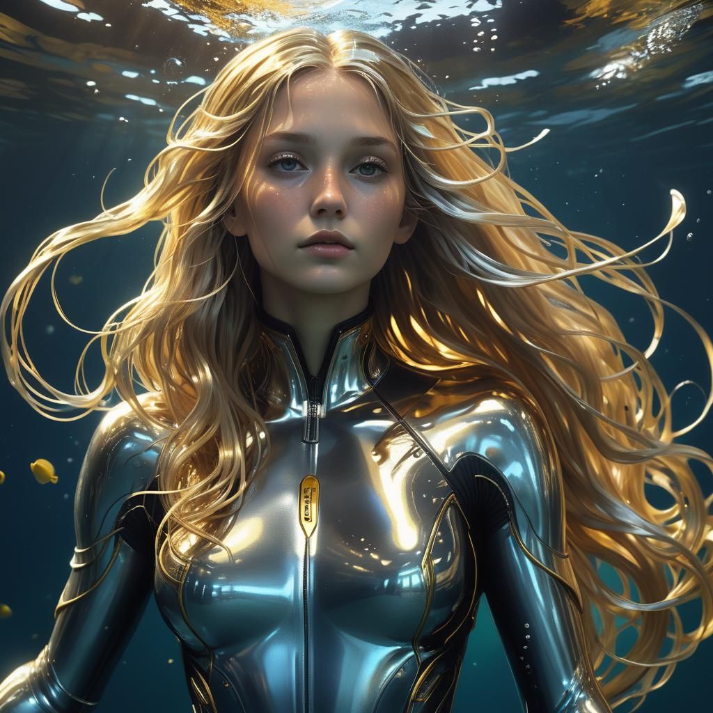 Underwater Woman with Golden Hair, Hyperdetailed Portrait