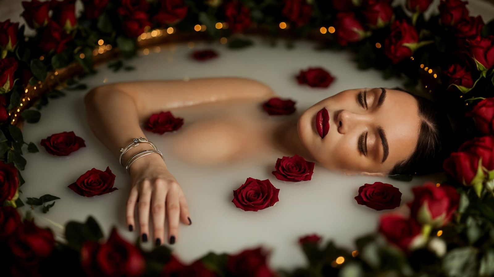 Fine-art photography of a woman submerged in a milky white liquid, possibly a milk bath, with her face and one hand visi...