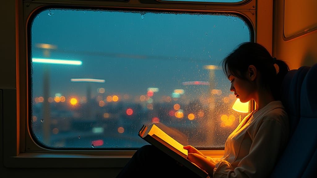 Vibrant Night Cityscape Unfolds Through a Rain-Streaked Trai...