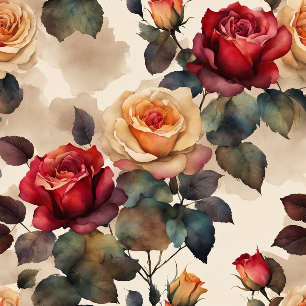 Colorful Roses in Garden, Ink Painting Style