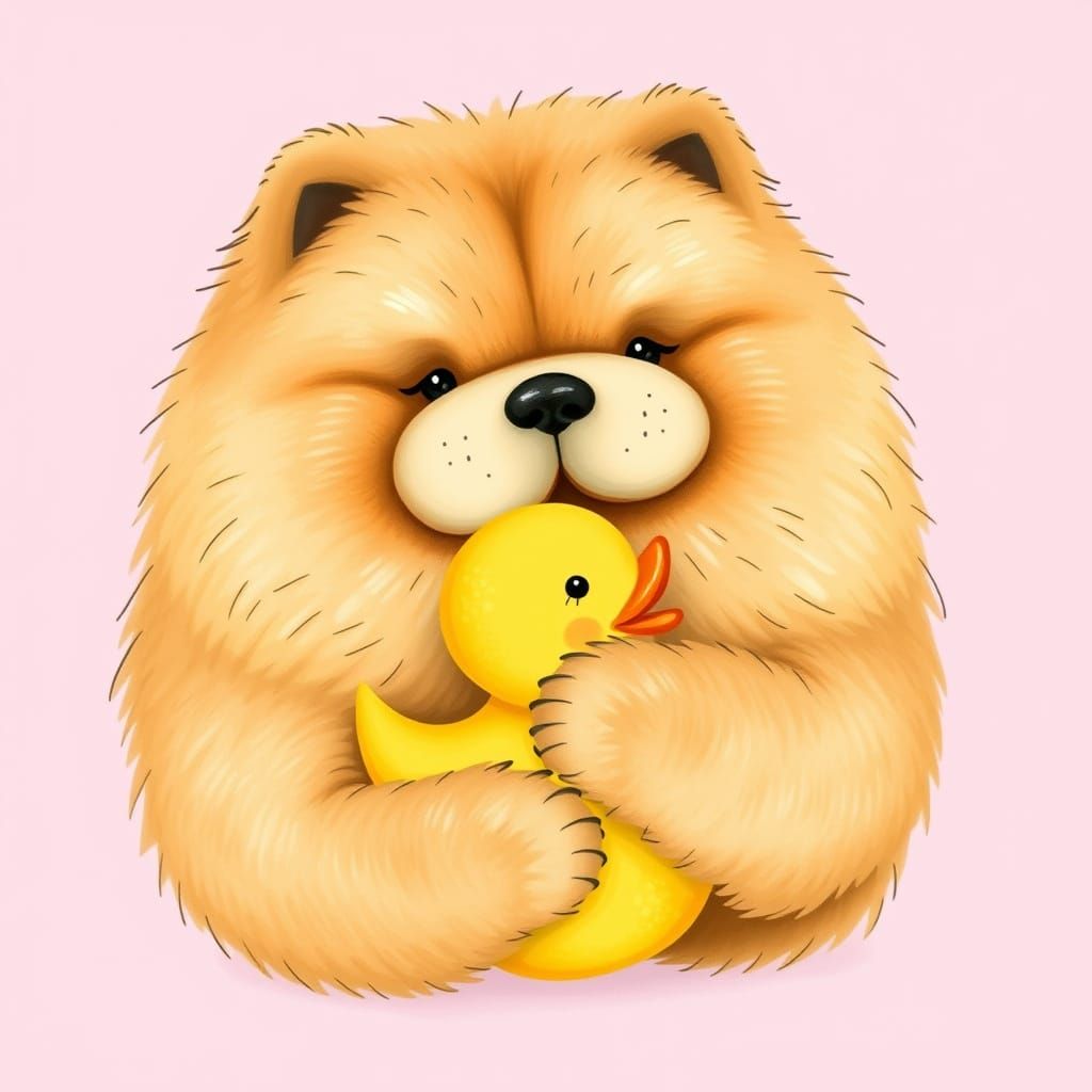 Snuggly Chow Chow Hugs Yellow Rubber Duck in Whimsical Folk ...