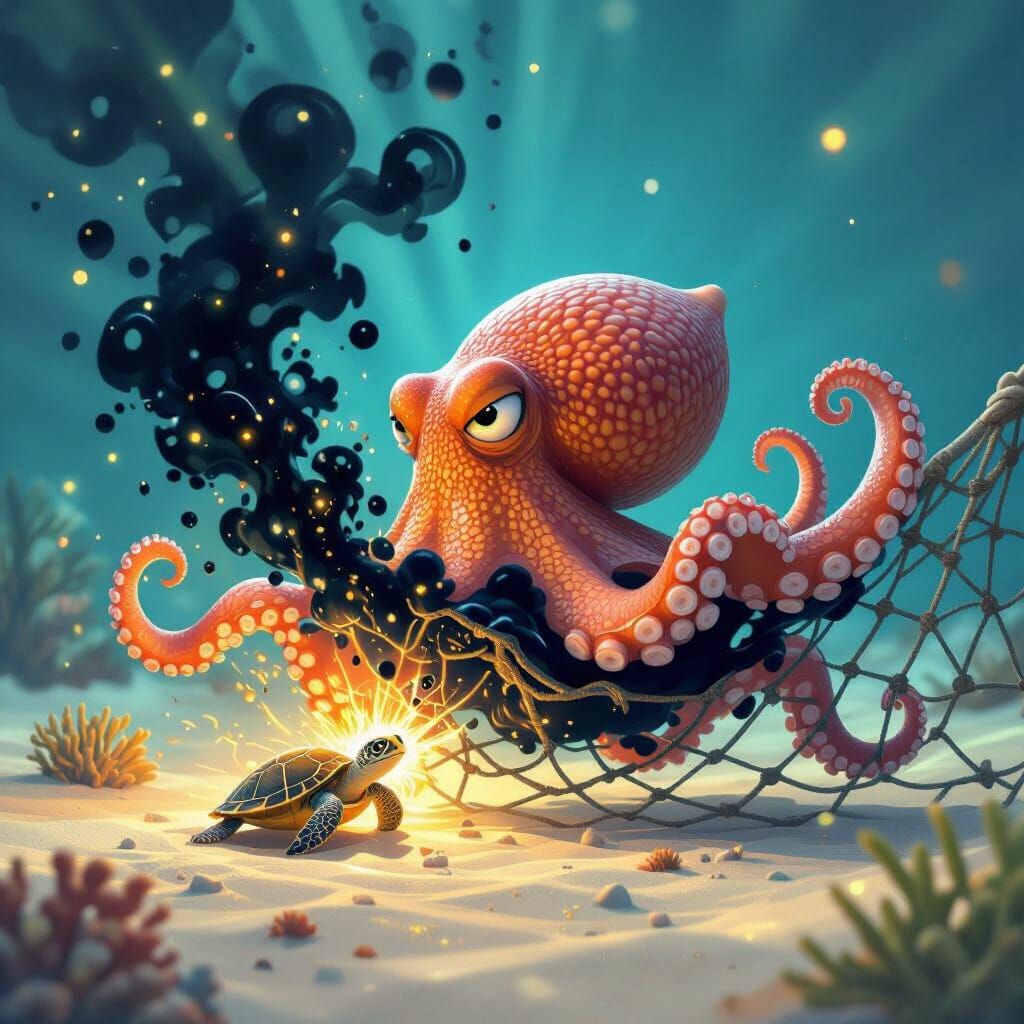 Octopus Ink Galaxy Melts Net: 3D Digital Art