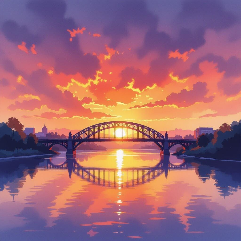 Panoramic Bridge Sunset Over River in Watercolor Style