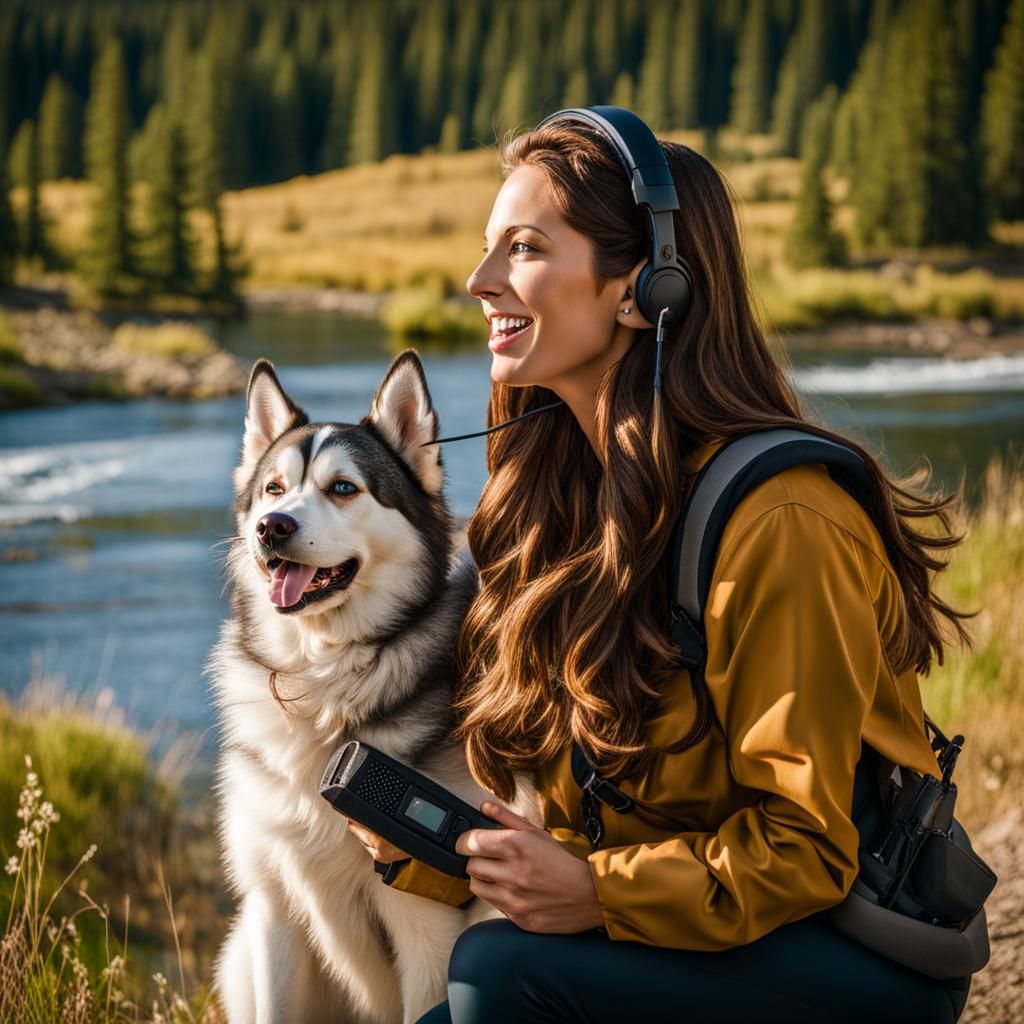 Siberian Husky Between Radio Operators in Landscape