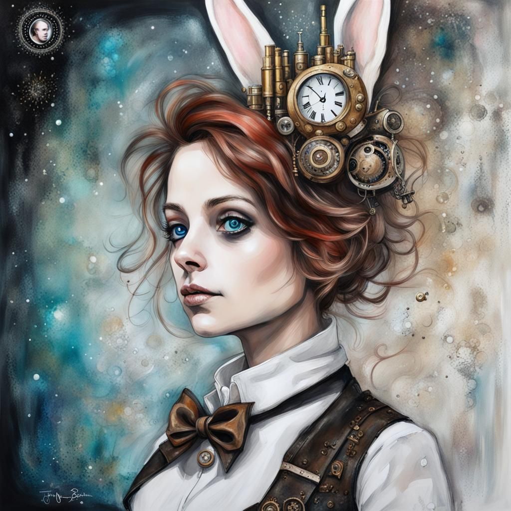 Steampunk Astral Rabbit Portrait in Mixed Media Style