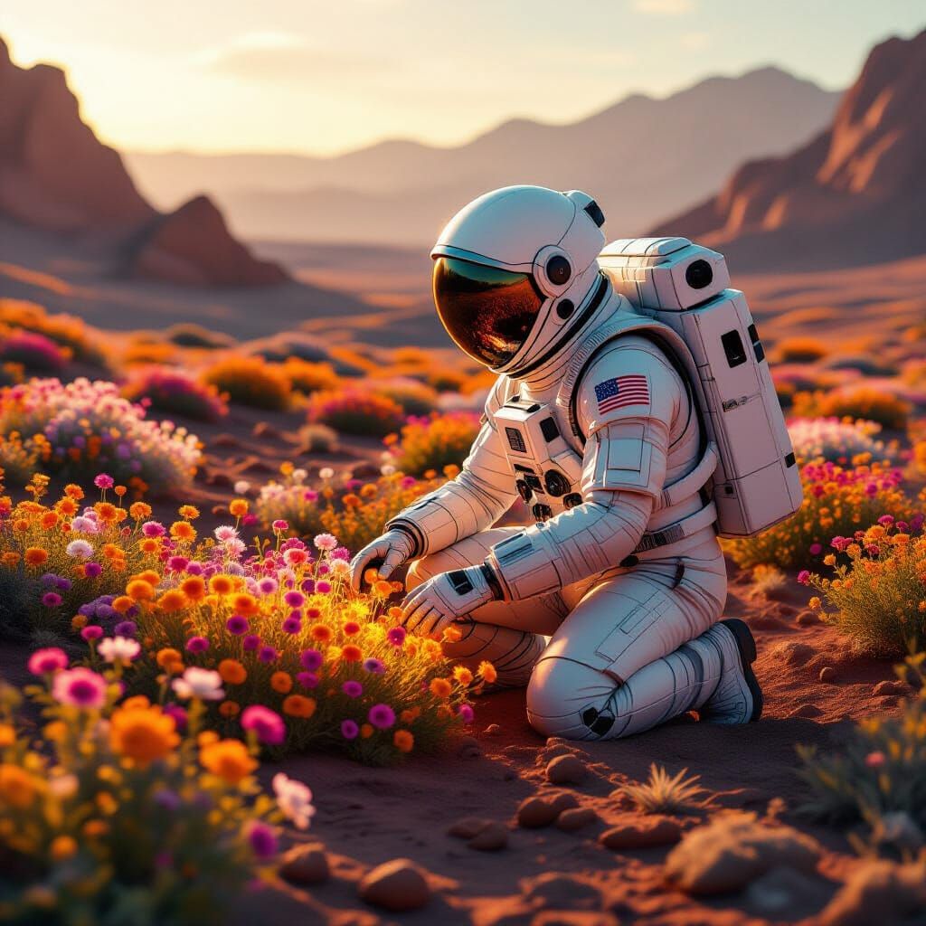 Astronaut Tends Bioluminescent Garden on Mars
