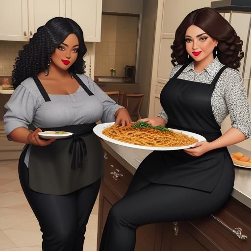 Curvy Woman Making Spaghetti in Elaborate Kitchen