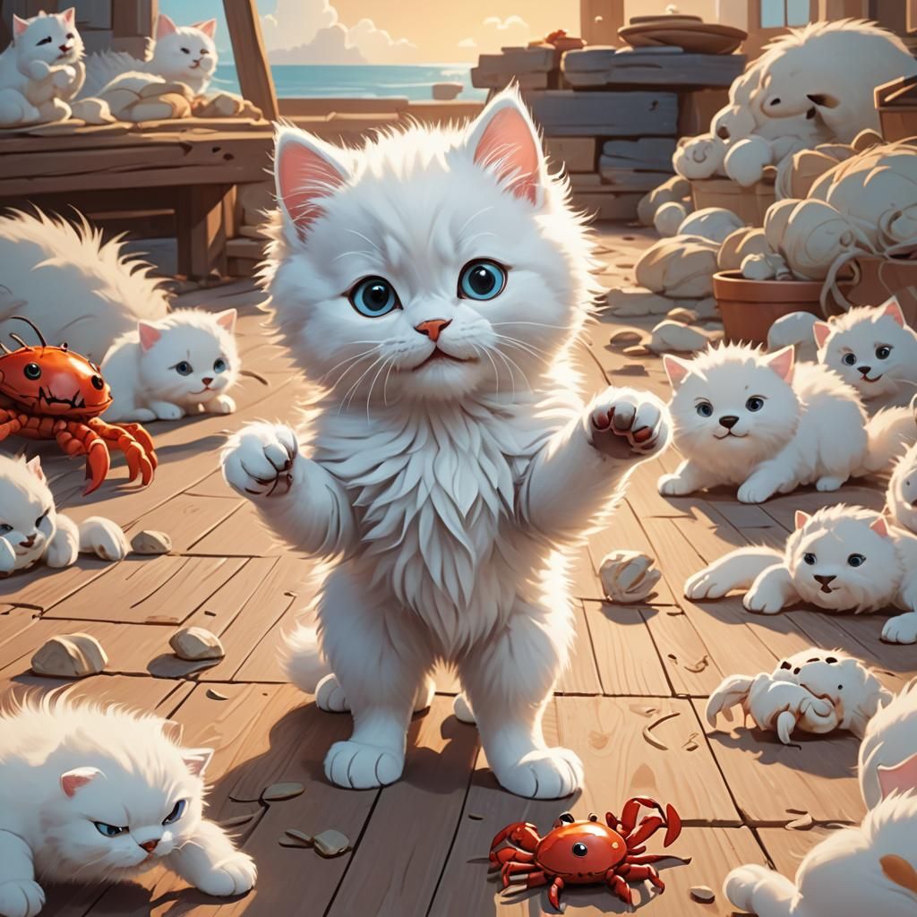 Cartoon Kitten Ready to Pounce on Crab