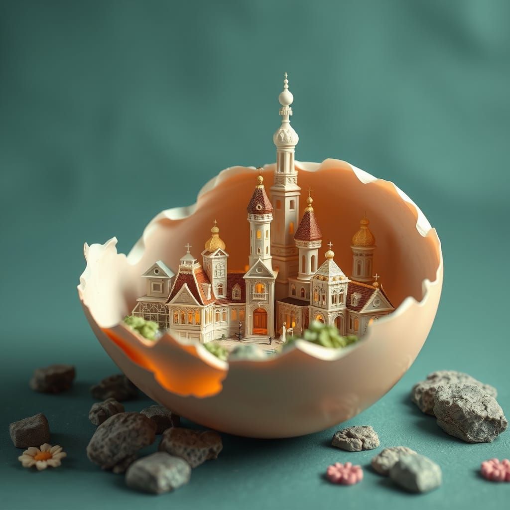 Intricate Victorian City Carved on Eggshell
