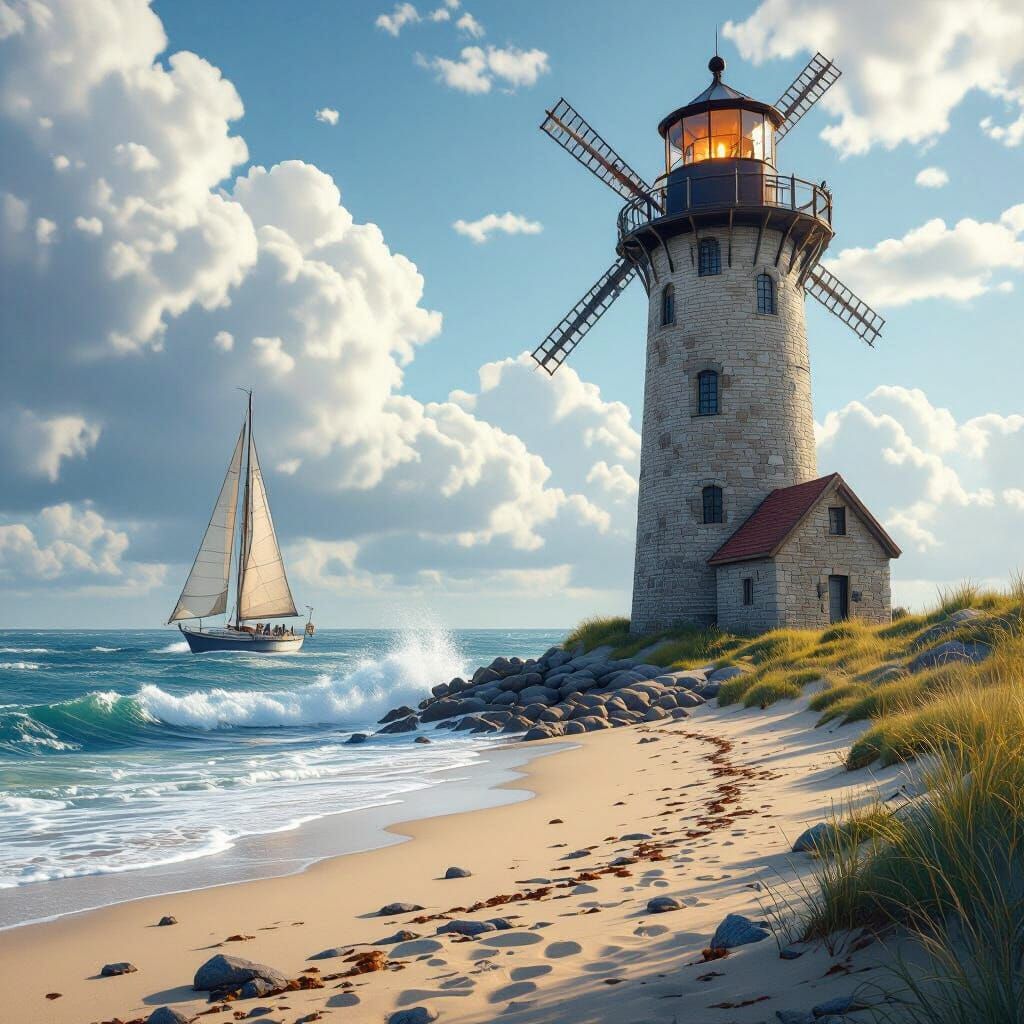 Seascape with Lighthouse and Storm in Digital Art Style