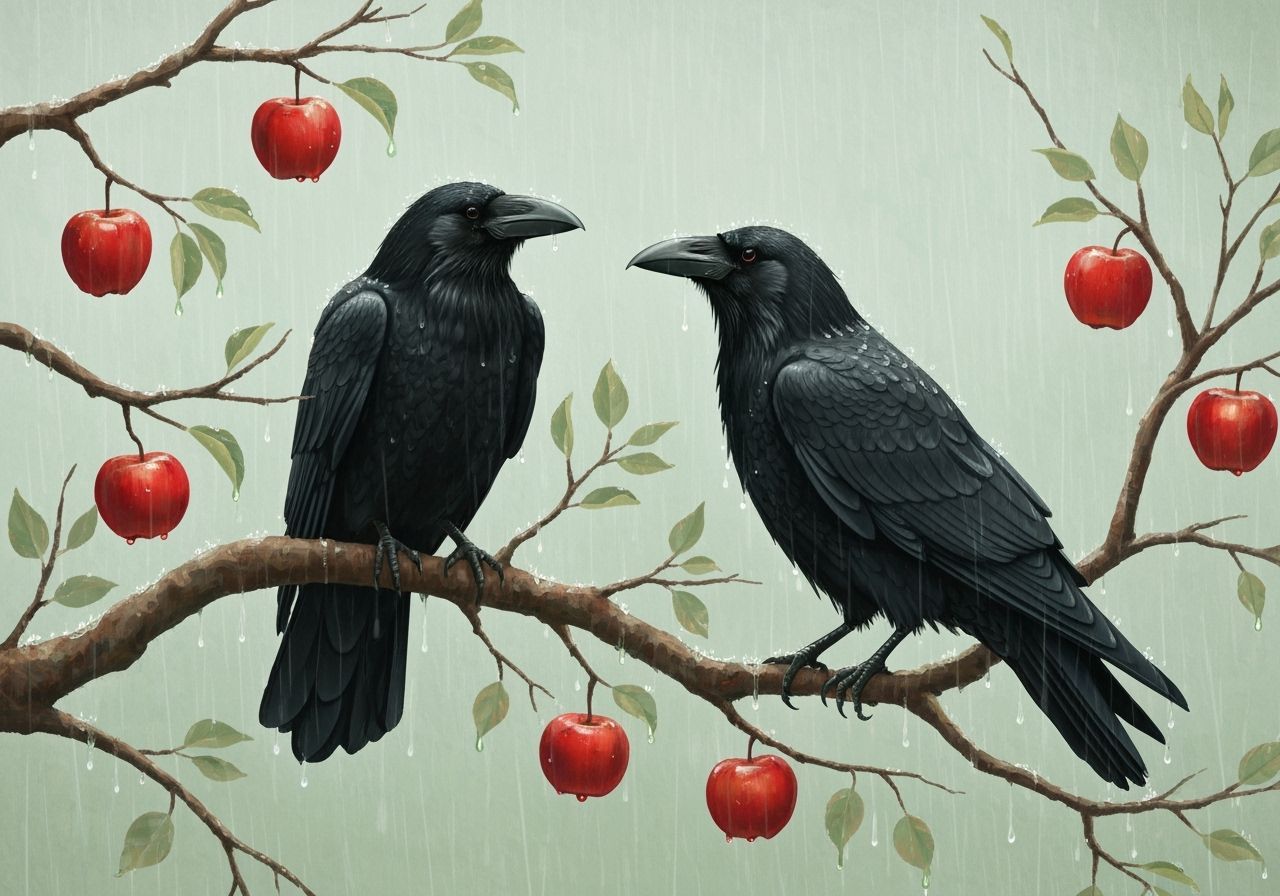 Two Wise Ravens Among Gnarled Branches in Soft Rain
