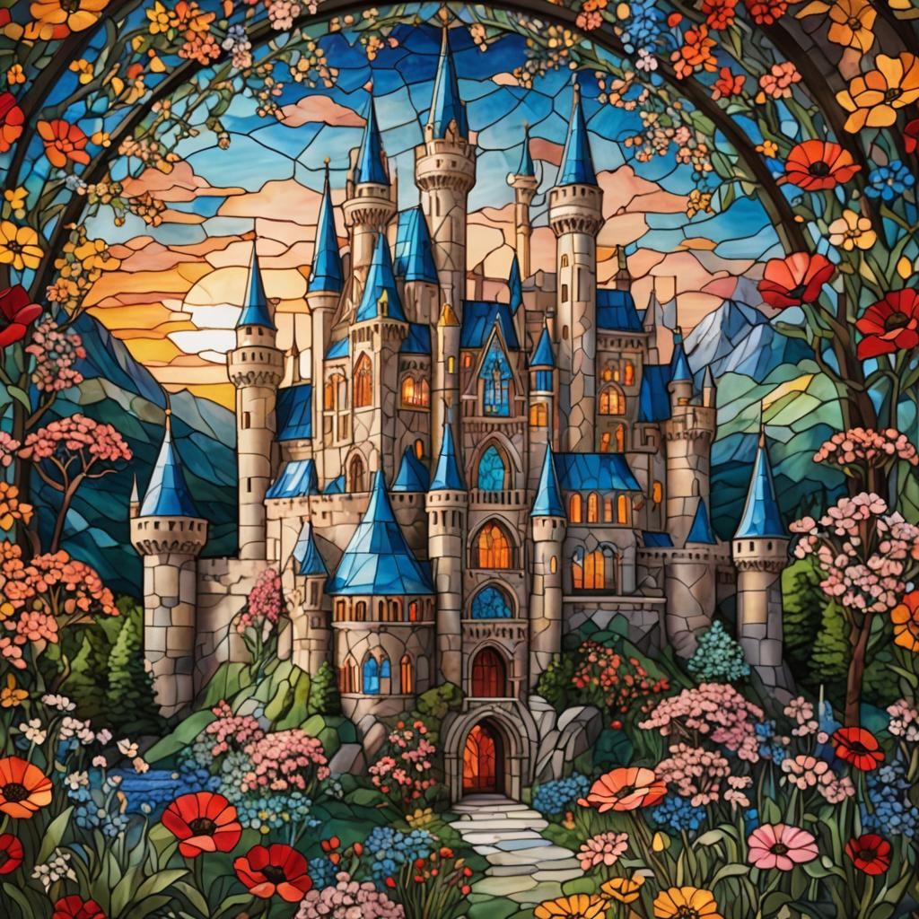 Stained Glass Castle at Sunset in Tiffany Style
