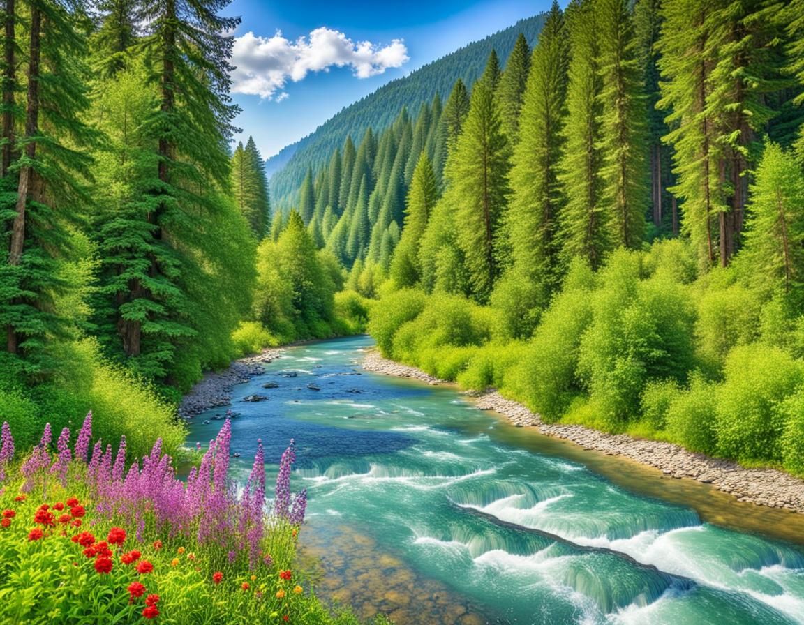 Idyllic Mountain River Scene in Summer