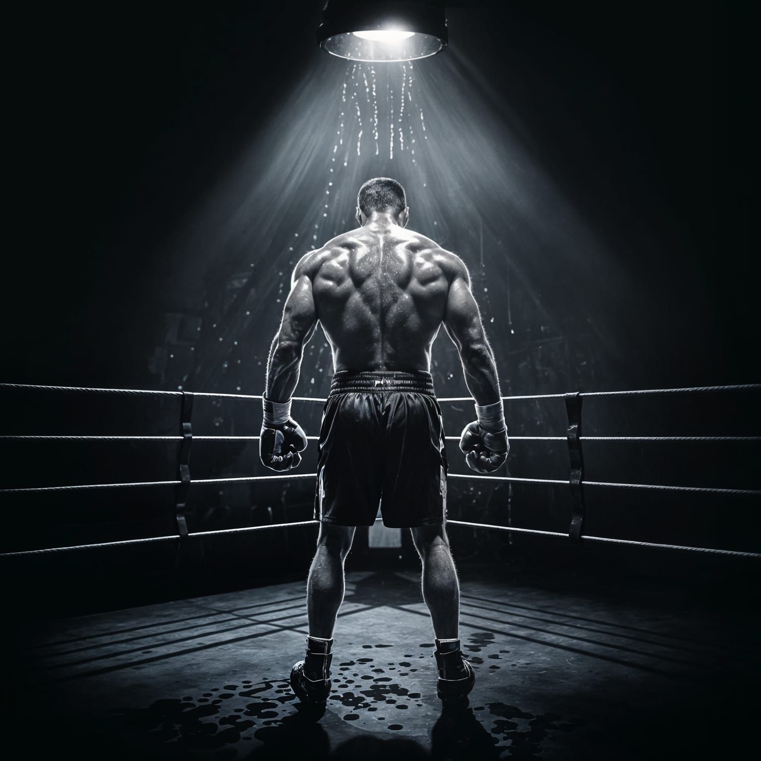 Powerful Fighter Stands Alone in Dimly Lit Boxing Ring in Mo...