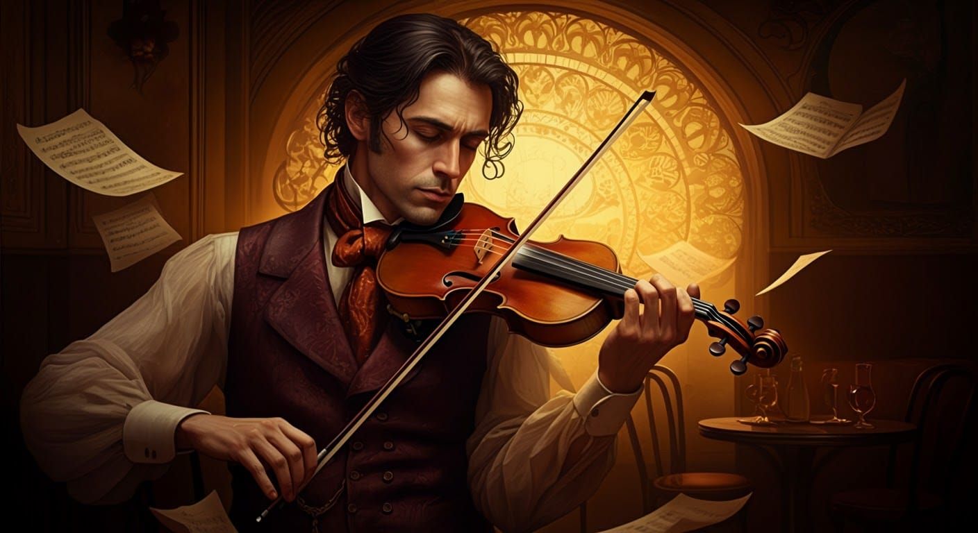 Gypsy Jazz Violinist in Ornate Parisian Cafe