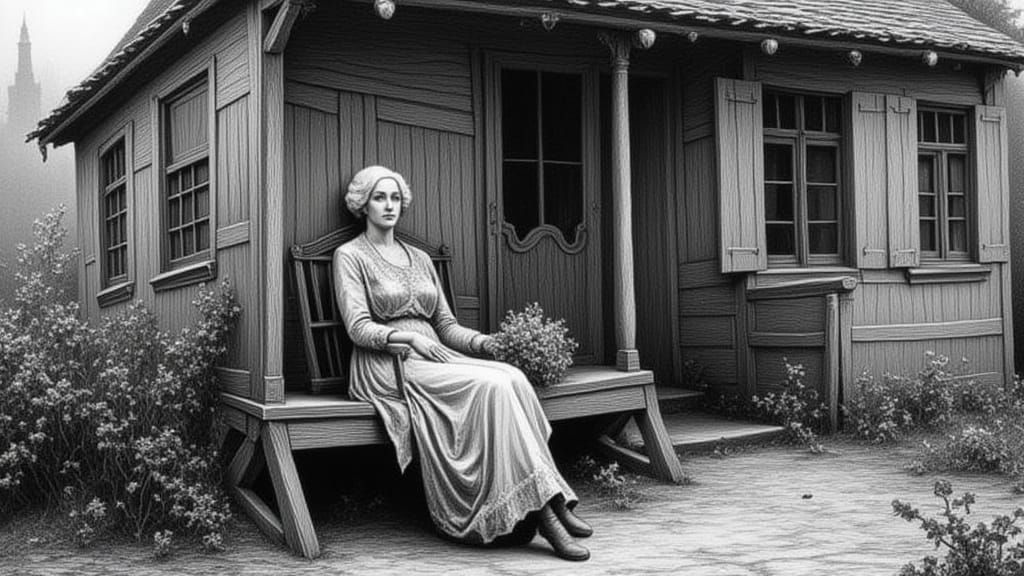 Elderly Woman on Porch Swing in Charcoal Sketch