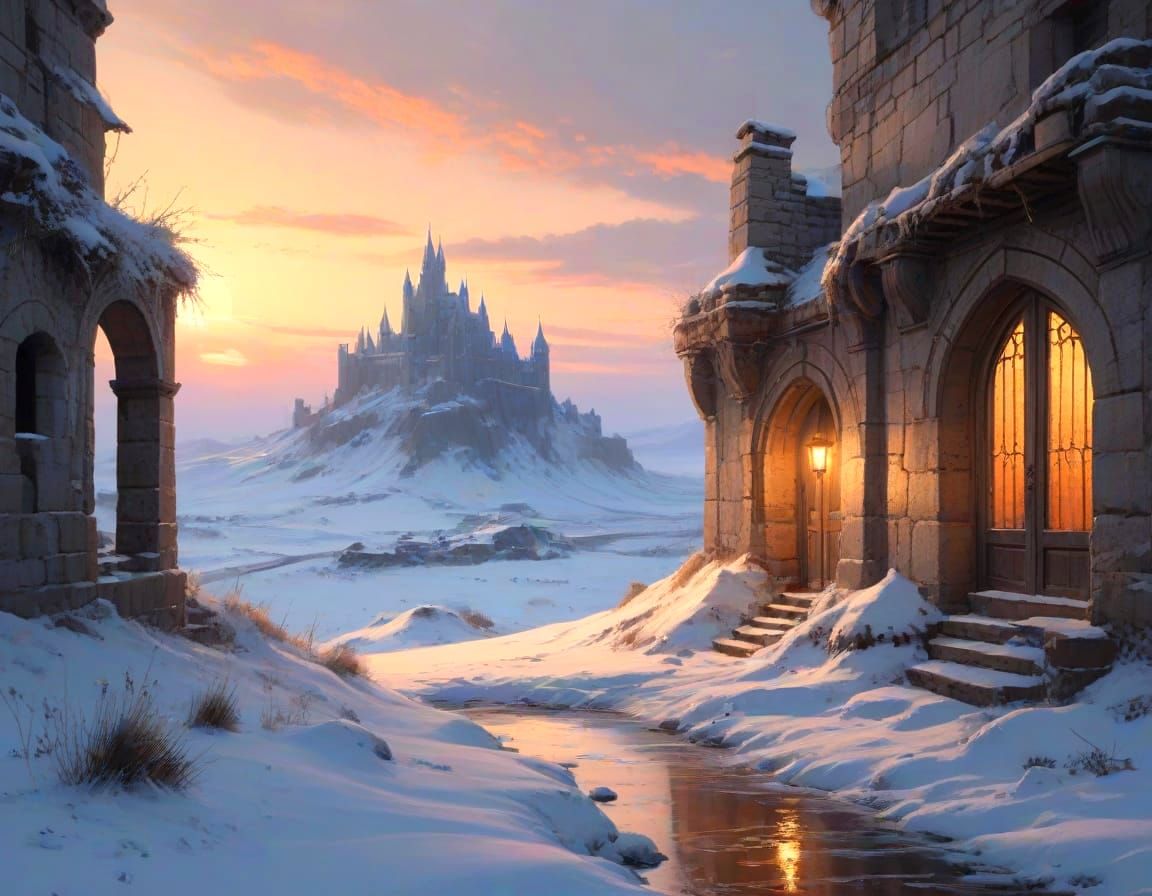 Snowbound Castle Keep at Sunset