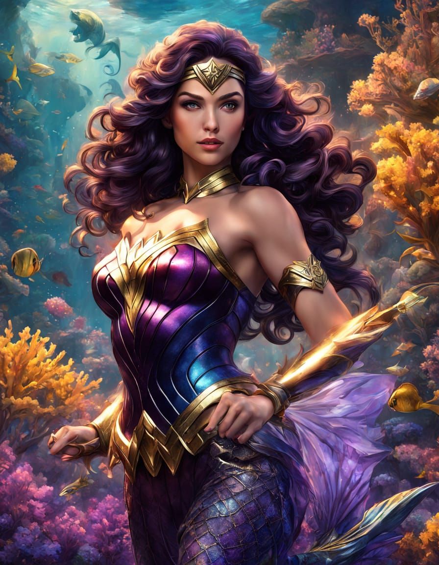 Wonder Woman in the form of a beautiful mermaid. She swims u...