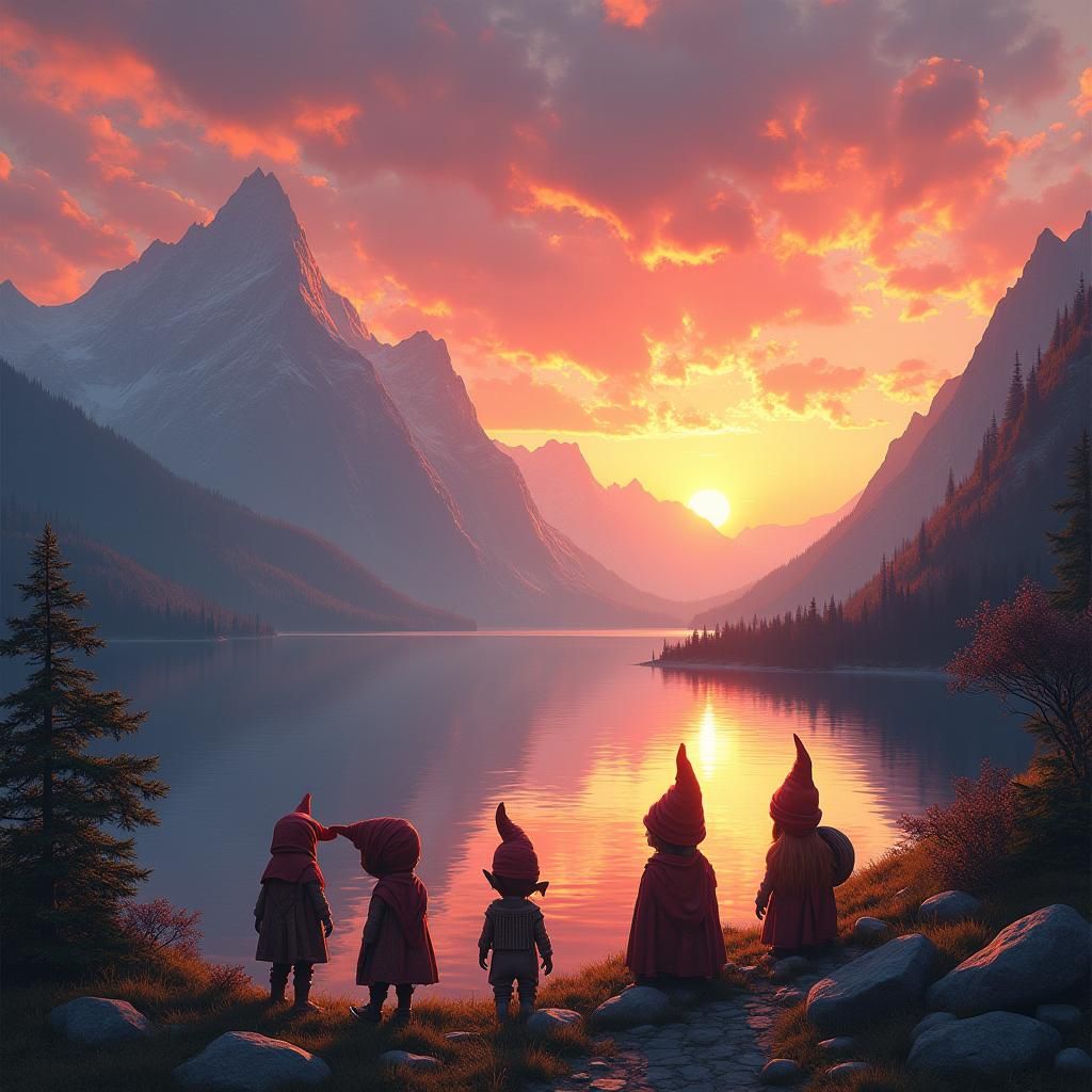 Magical Realm: Gnomes and Elves at Sunset