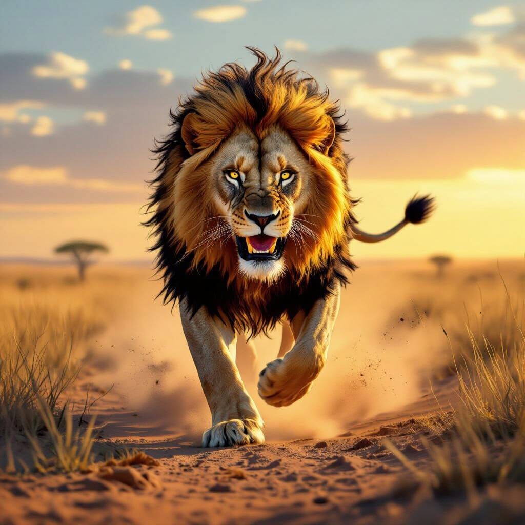 Lion Charging with Intense Focus on Savanna at Dawn