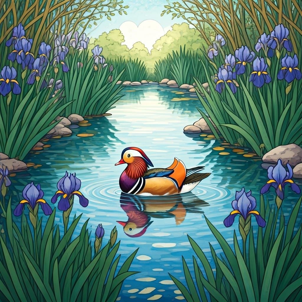 Watercolor Pond with Irises and Mandarin Duck