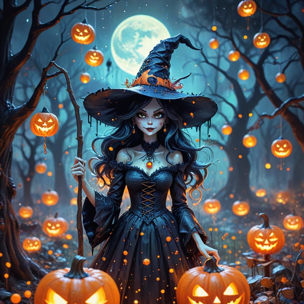 Whimsical Witch at Halloween Party in Ethereal Watercolor St...