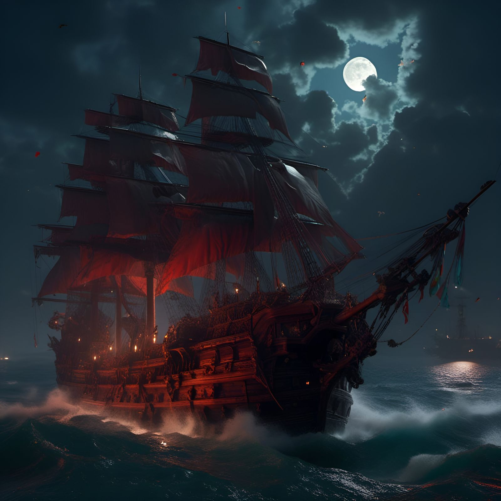 Flying Dutchman Battles Kraken in Dark Fantasy Art