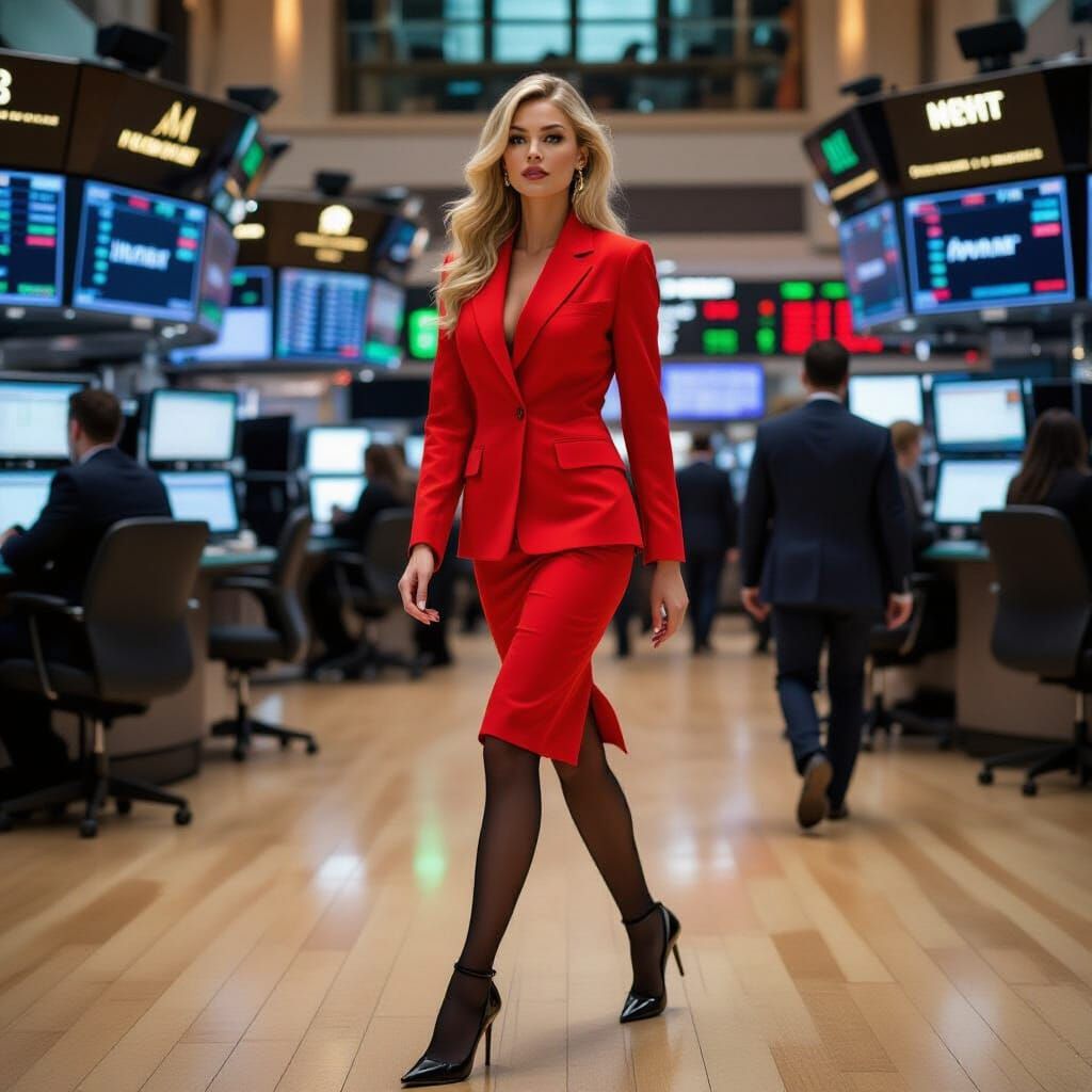 Blonde in Red Power Suit on Wall Street