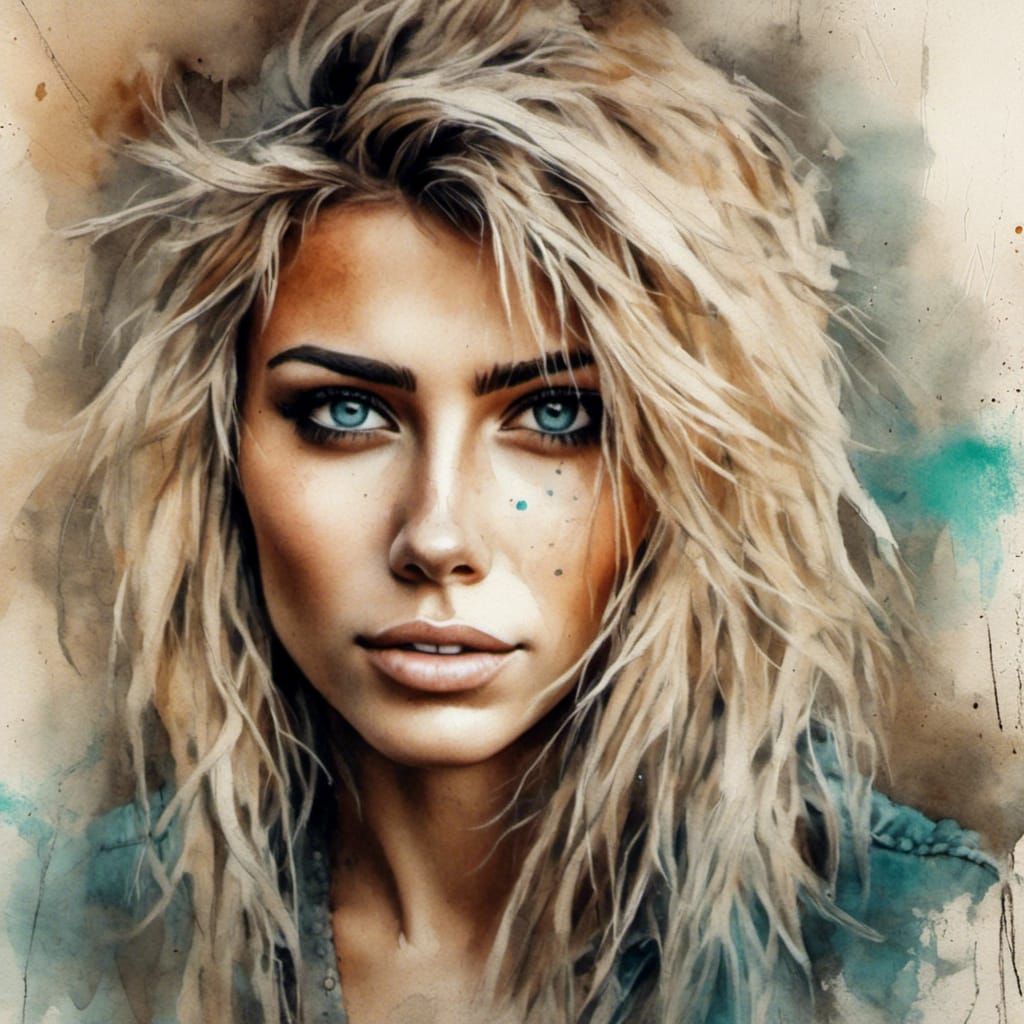 Bohemian Woman Portrait in Gritty Watercolor Style