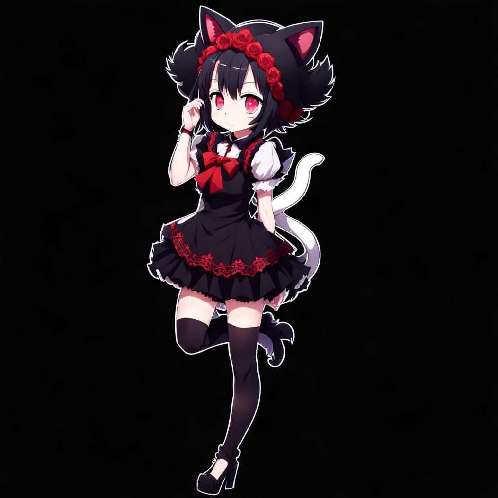 Anime Cat-Girl in Black Dress Portrait