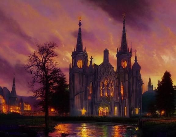 Baroque Cathedral illuminating the countryside at night. Thomas Kinkade oil painting by James Gurney and Thomas Kinkade ...