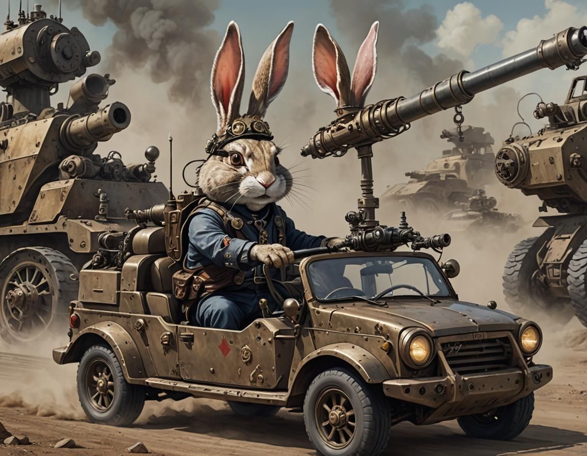 Steampunk Rabbit Drives Armored Rav4 with Howitzers