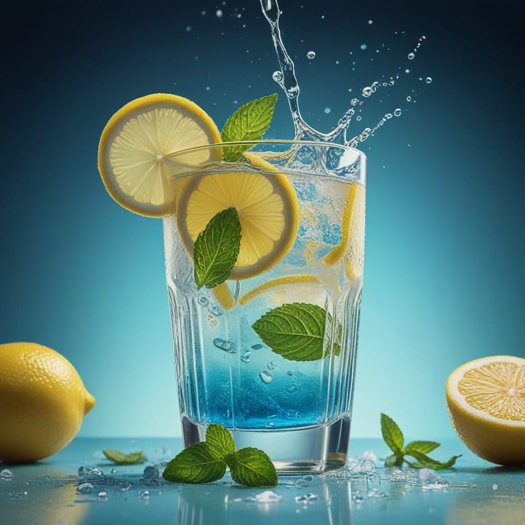 Refreshing Lemonade with Ice and Mint Splash Art