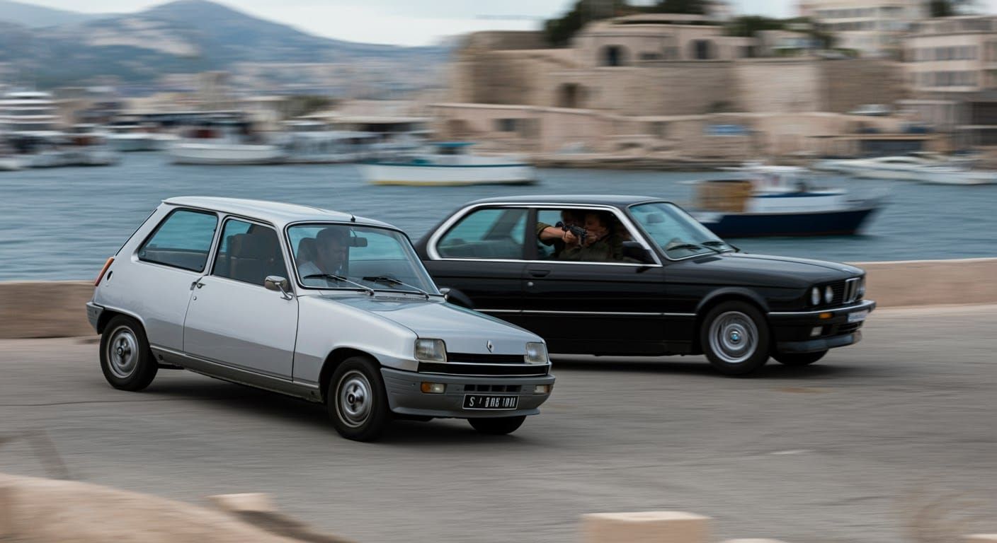 Dynamic 80s Car Chase in Marseille Port