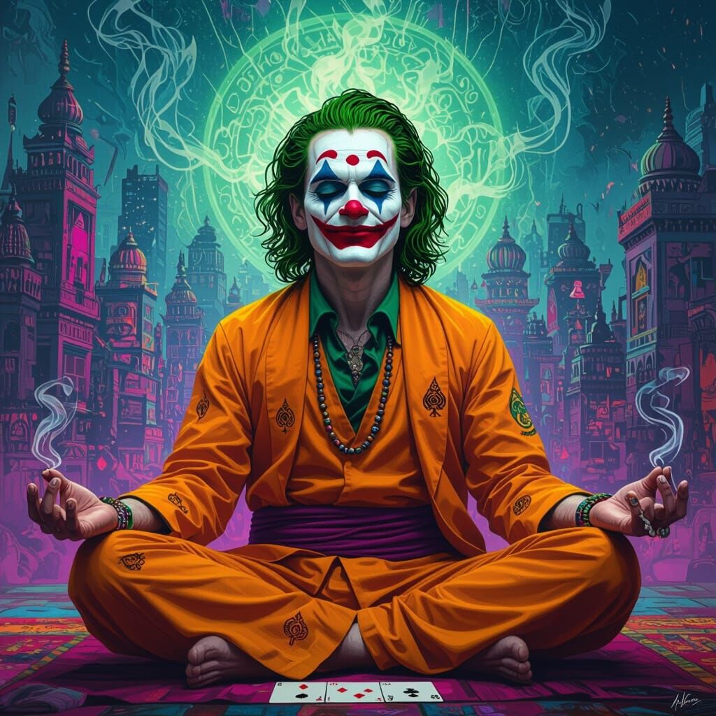 Joker Yogi Meditating in Psychedelic Cityscape