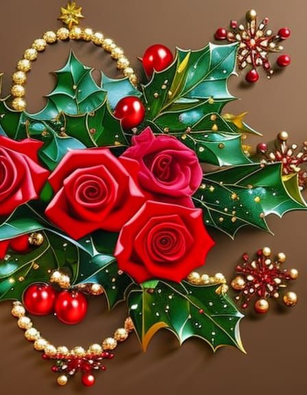 Christmas Card with Roses and Candles in Oil Painting Style