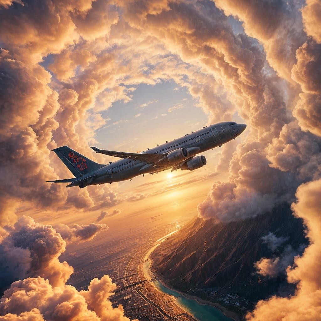 Mystical Airline Jet Soars Through Swirling Clouds Over Paci...