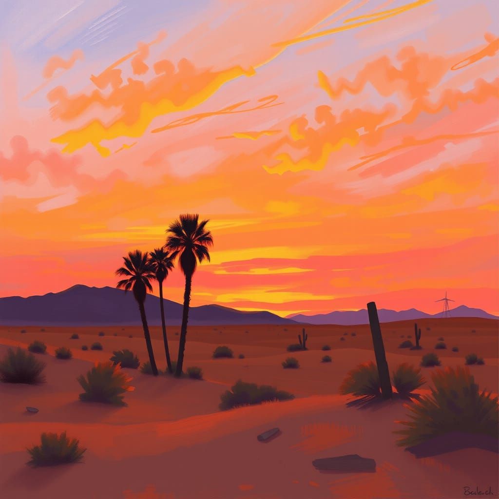 Desert Sunset Serenity with Palm Silhouettes