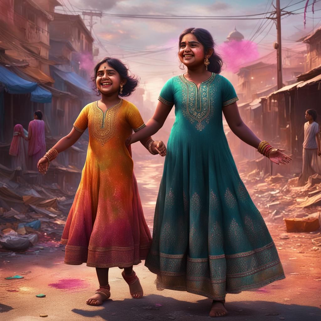 Indian Sisters Celebrate Holi in Detailed Matte Painting