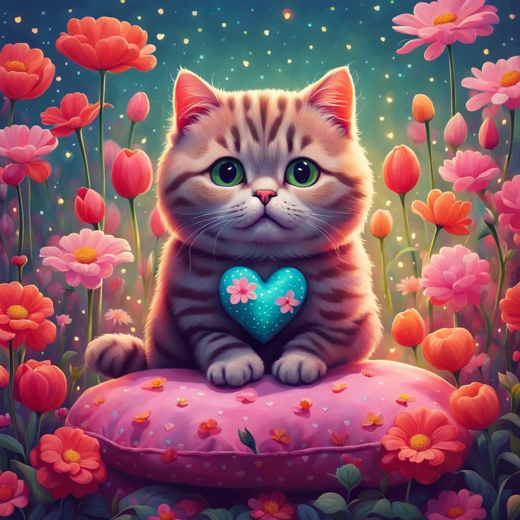 Cute Cat Surrounded by Flowers, Cartoon Style