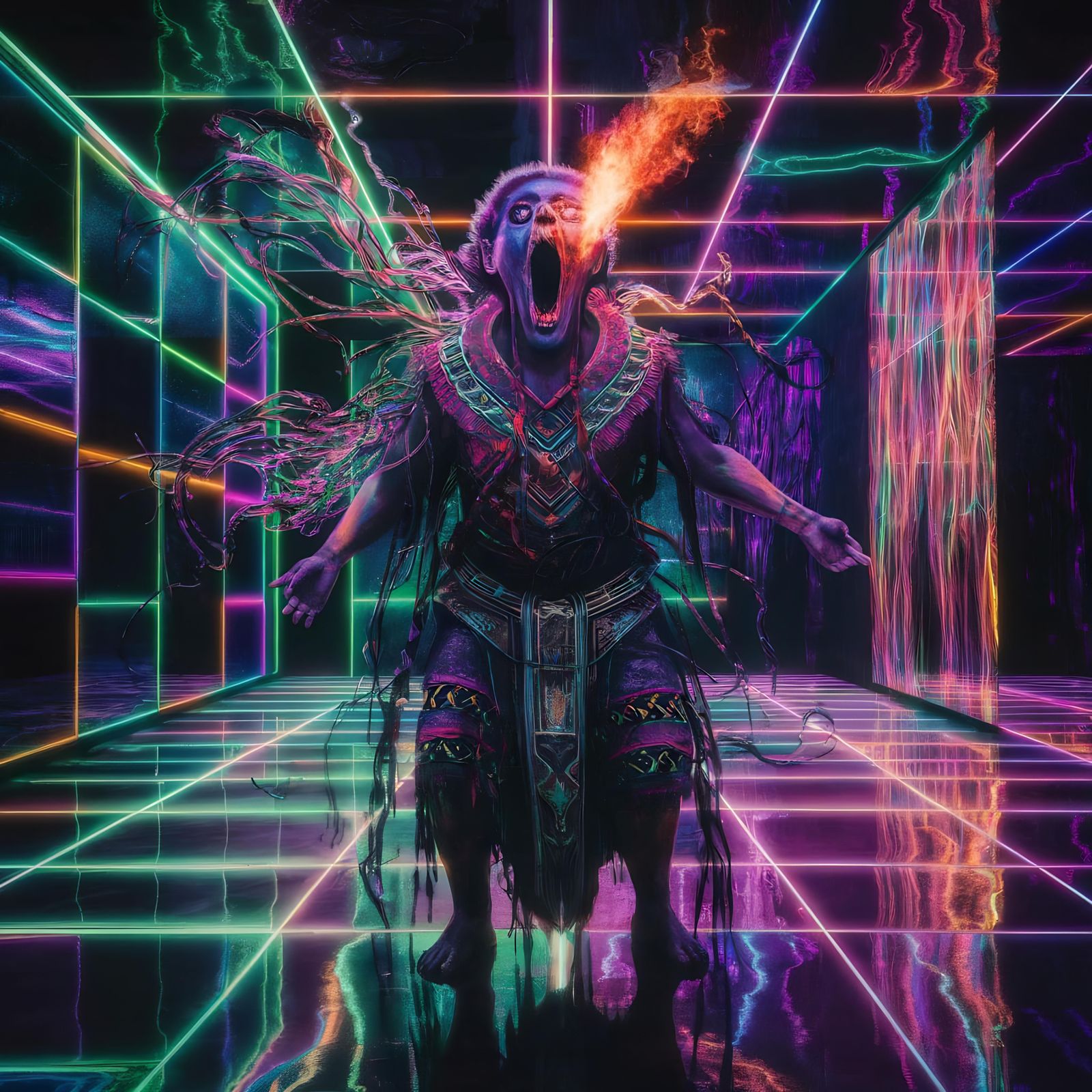 Striking Neon Shaman in Futuristic Grid Landscape