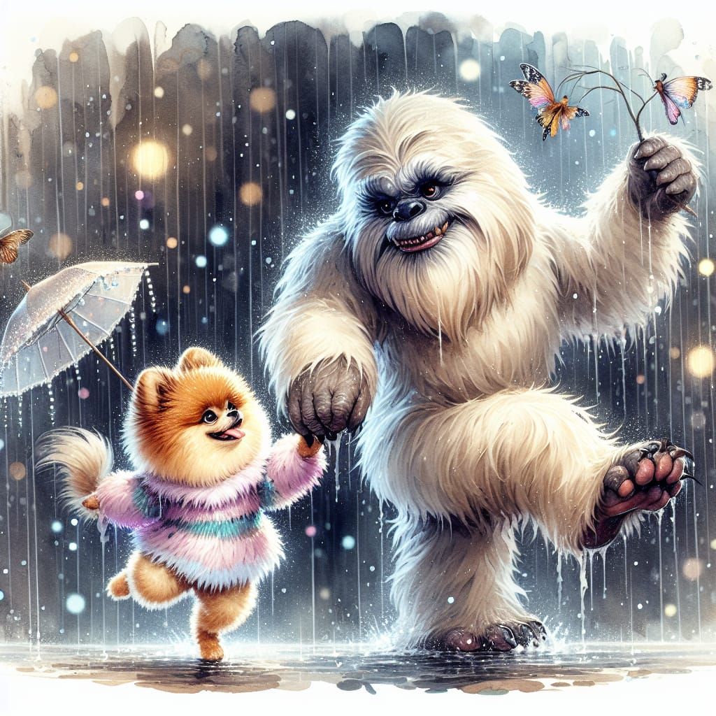 Vibrant Watercolor Yeti and Pomeranian Dance in the Rain